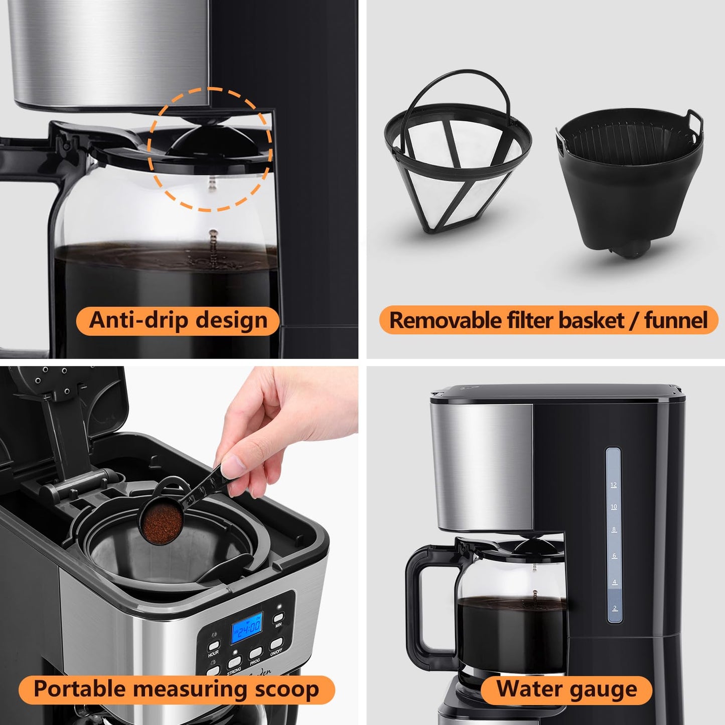 Filterkaffeemaschine mit Glaskanne für 10 Tassen, 1000 W